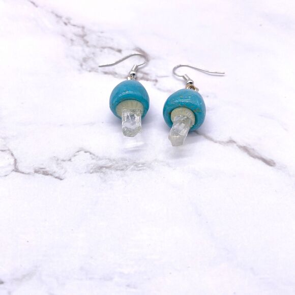 Blue Mushroom Quartz Crystal Dangle wire hook polymer Clay Earrings - Picture 9 of 10